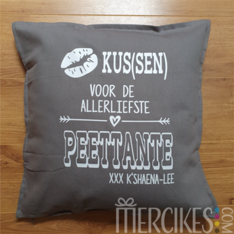 cadeau peettante, cadeau meter, kussen voor de allerliefste peettante