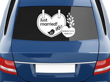 autosticker trouw met naam hart vogeltje