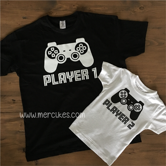 hetzelfde t-shirt vader zoon player 1 player 2, twinningshirts