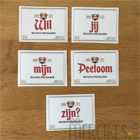 Set van 5 Bieretiketten Duvel - Wil jij mijn Peetoom / Peter / Peettante / Meter zijn?