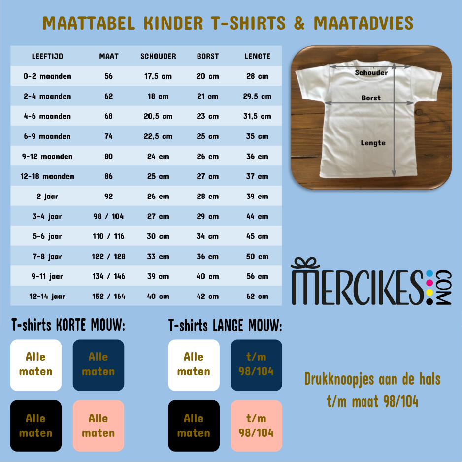 Oranje viel Pamflet Maattabel en beschikbare kleuren kinder t-shirts - Mercikes