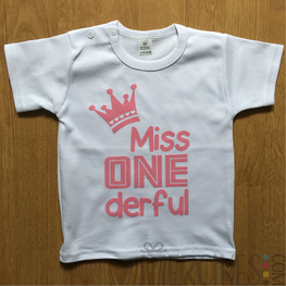 Verjaardagshirt Eerste Verjaardag Miss Onederful Kroon Korte Mouw